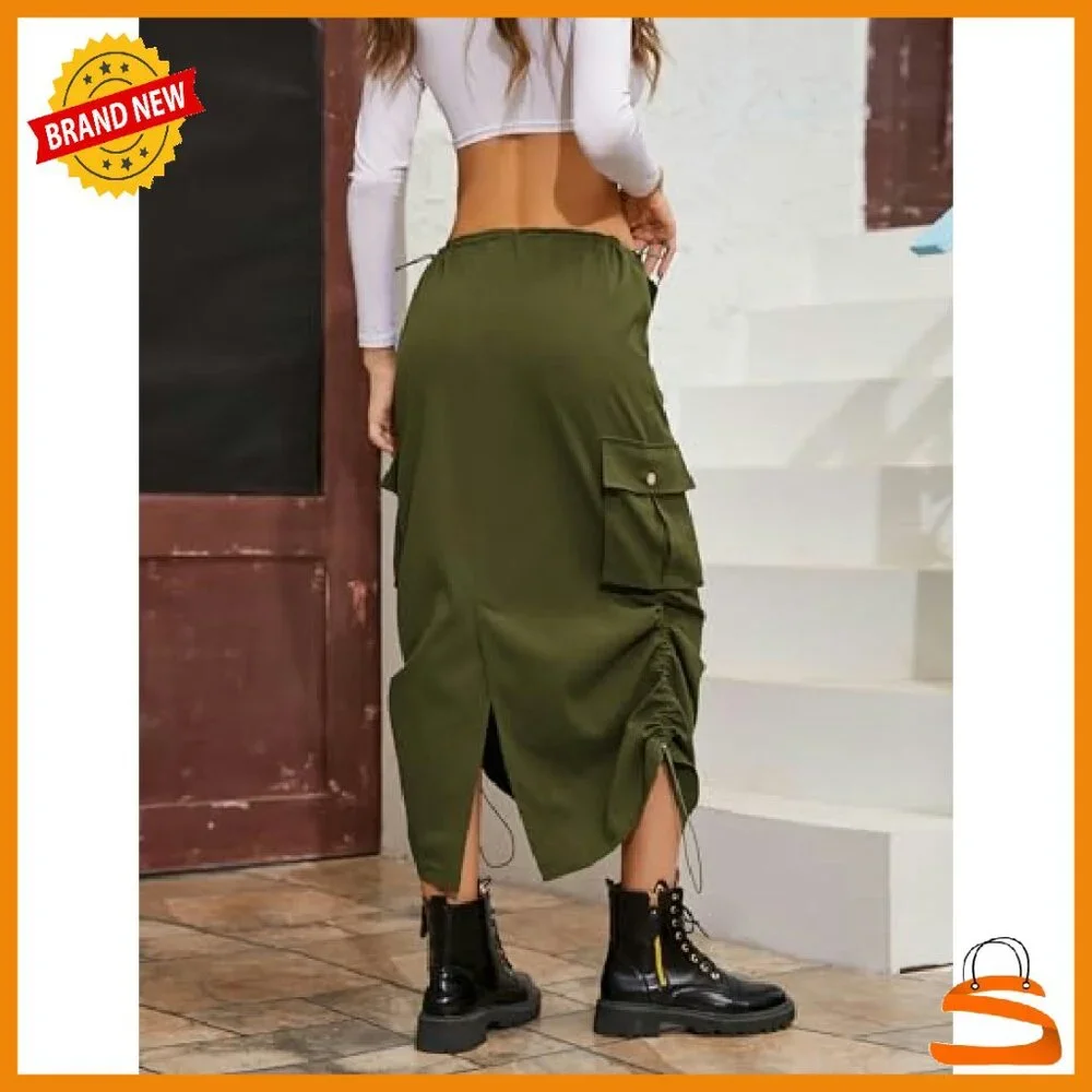 Y2K Cargo Maxi Skirt with Drawstring Waist and Side Pockets - Picture 3 of 7